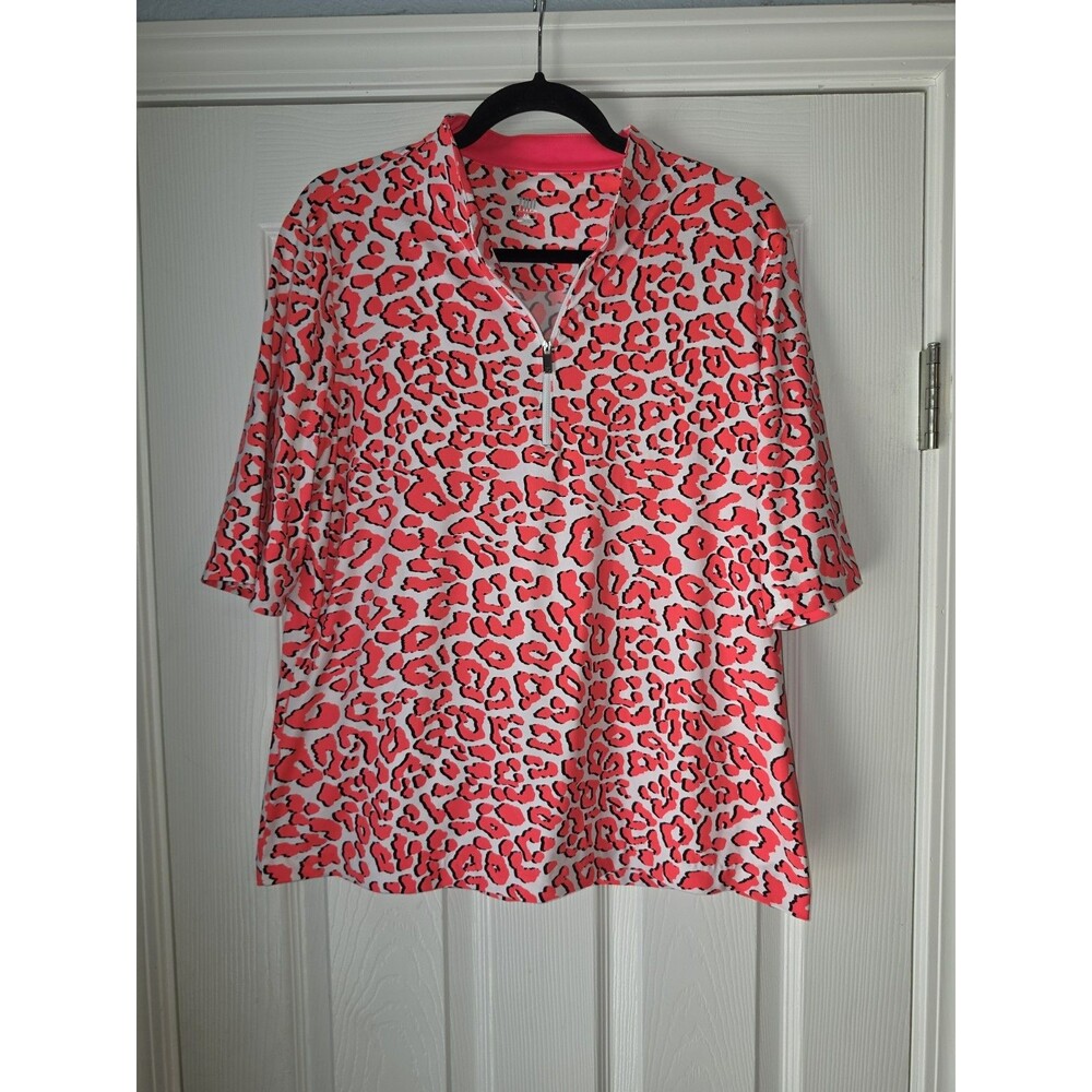 Tail Activewear Womens bright Pink Leopard Print Quarter Zip Golf Polo Shirt XL